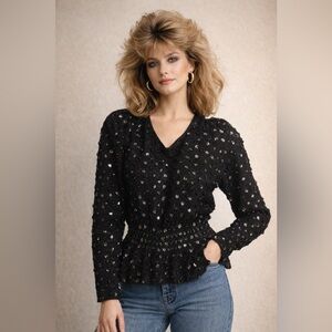 Vintage 80's Nanell Black Knit Peplum Sequin Embellished Sweater